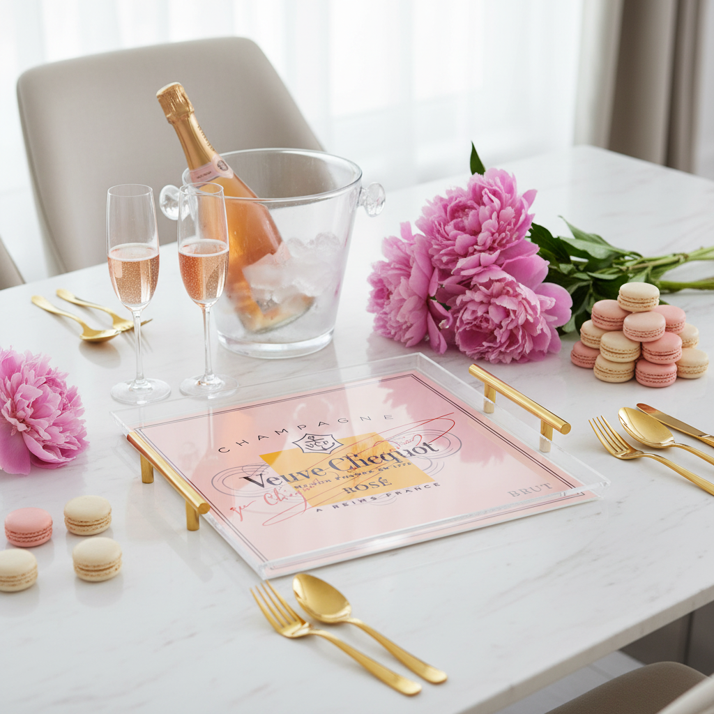 Veuve Cliquot  Pink acrylic  Rose All Day Large Tray  with gold handles on a white table with champagne bottle in a bucket and gold silverware and flowers- Lifestyle