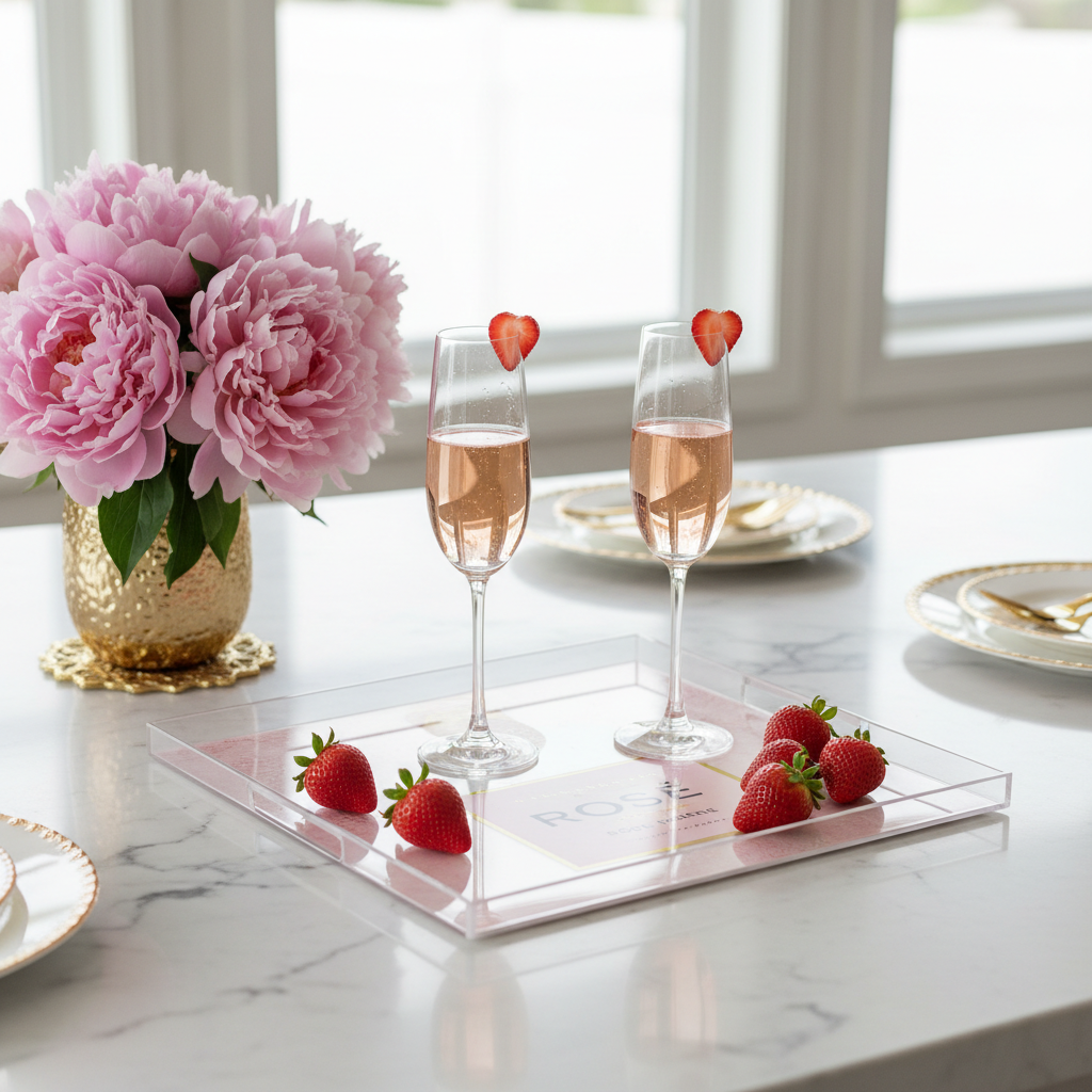 Veuve Cliquot pink Rose label in an acrylic tray on a marble counter with flowers and champagne and straw - Indoor Lifestyleerries
