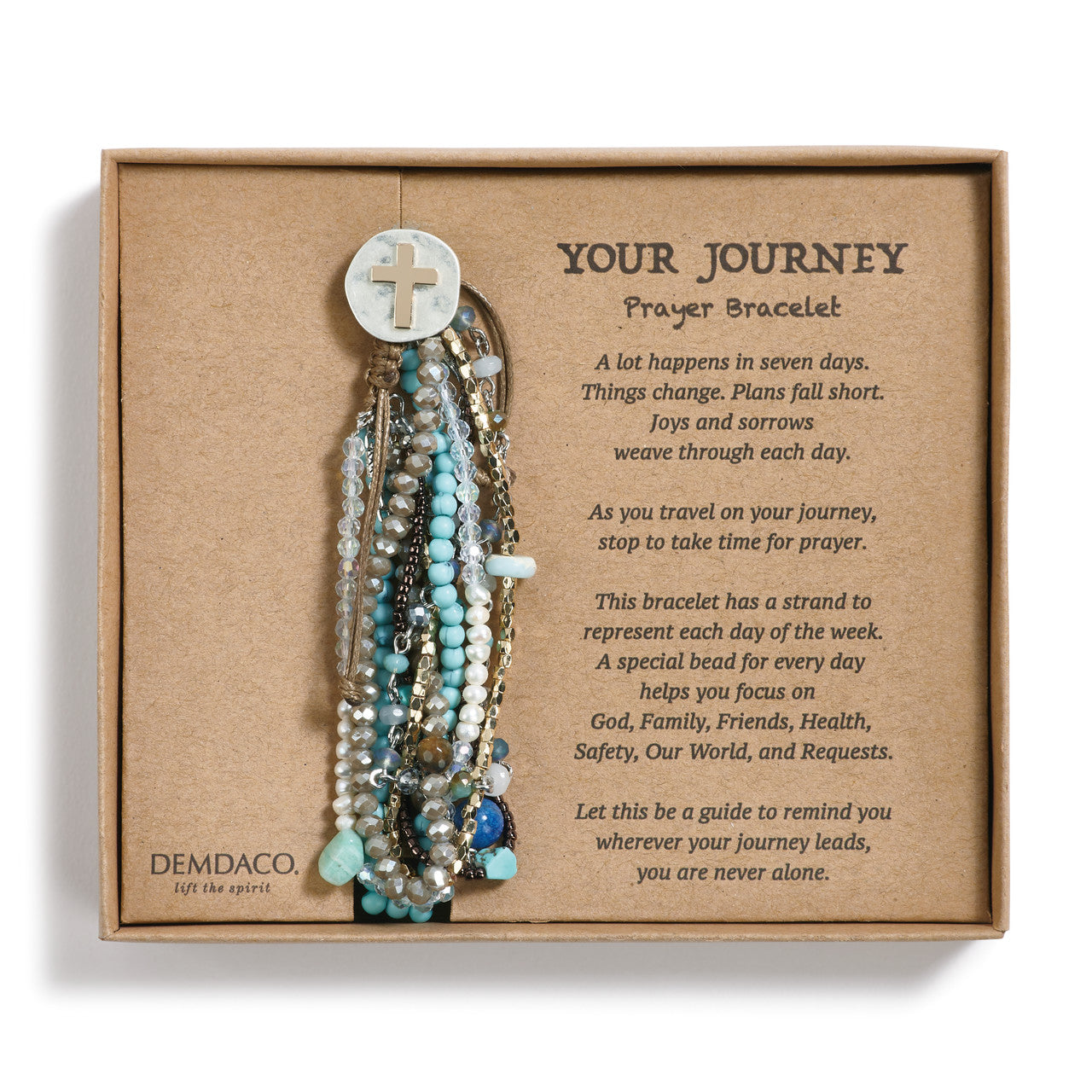 Prayer bracelet with beads and a cross on a brown card with text, Demdaco brand visible