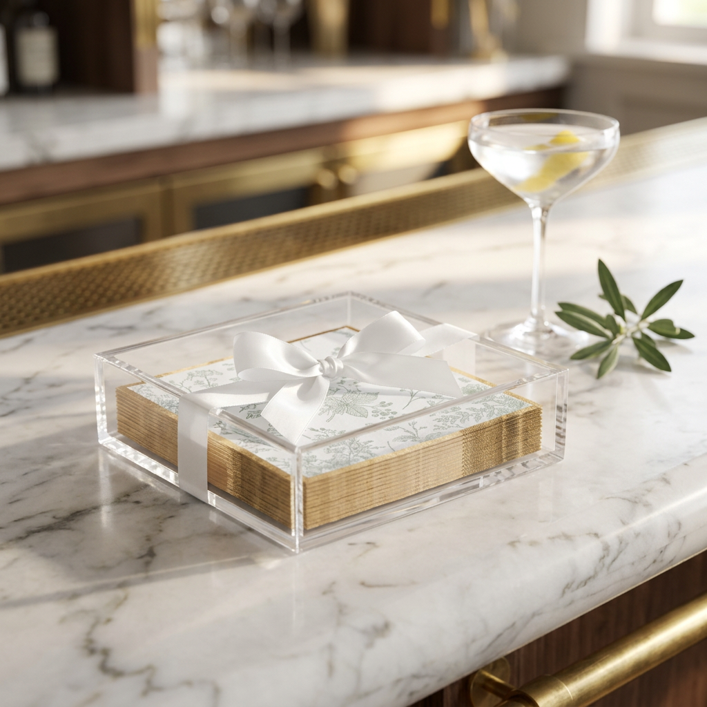 Sage cocktail napkins and acrylic tray on a bar counter