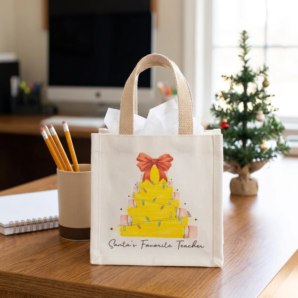 Santa’s Favorite Teacher tote on a teacher’s desk