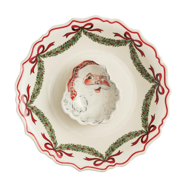 Seasonal - Chip and Dip Set - Santa face is the dip bowl and garland and bows surround the plate 