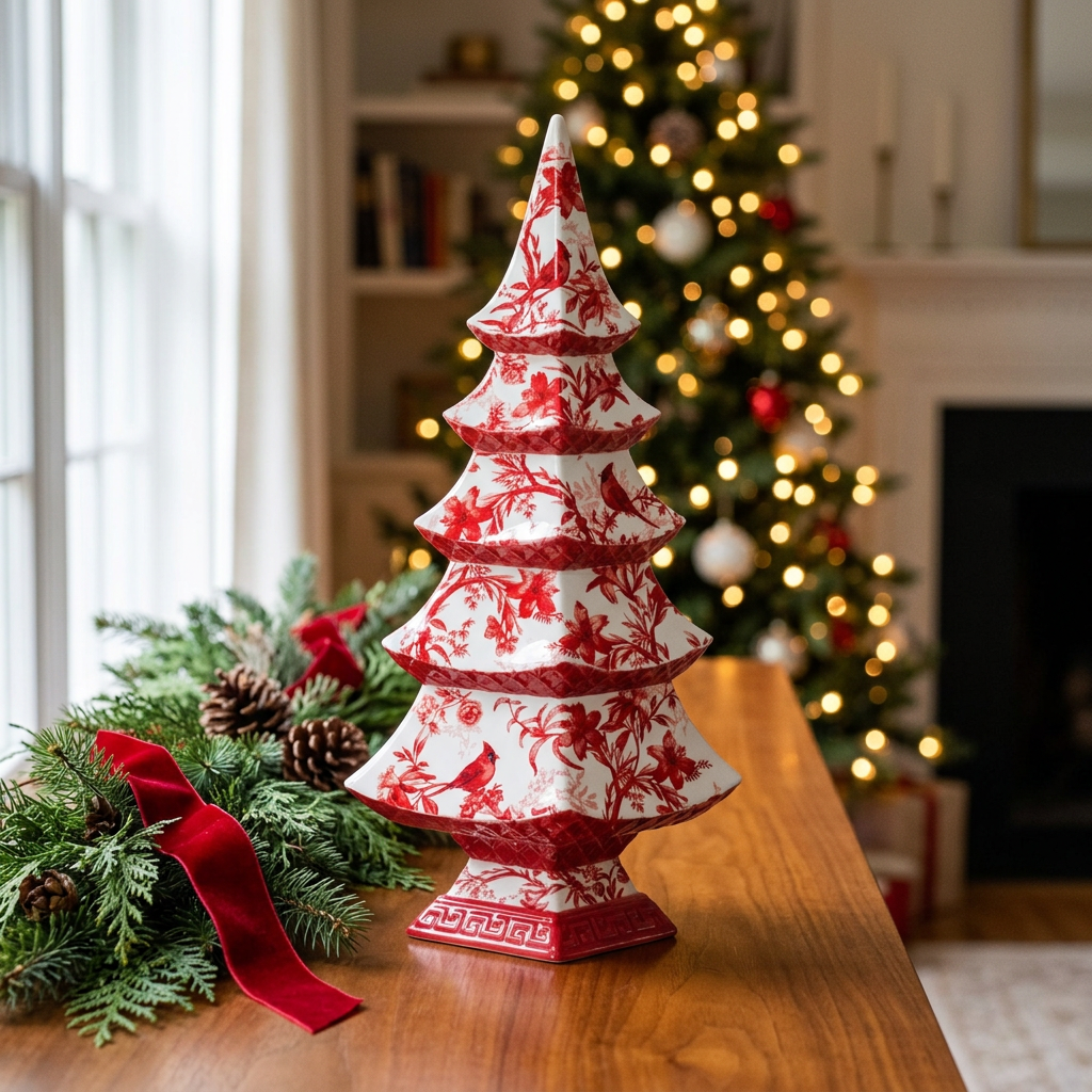 Single red and white chinoiserie Christmas tree styled on a holiday console