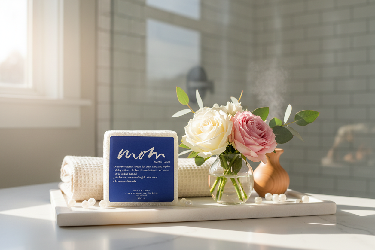 Caren brand soap Sponge with Blue Label that says Mom on a decorative tray with flowers, a candle, and a rolled up towel.