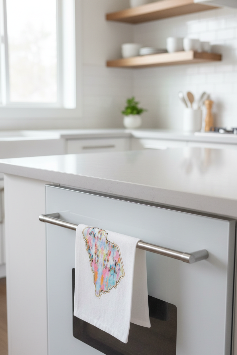 South Carolina Tea Towel Kitchen Lifestyle - towel hanging on oven door in a kitchen setting.  