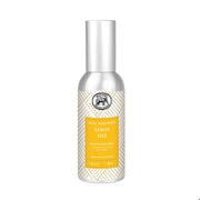 Silver bottle with a yellow label on a white background