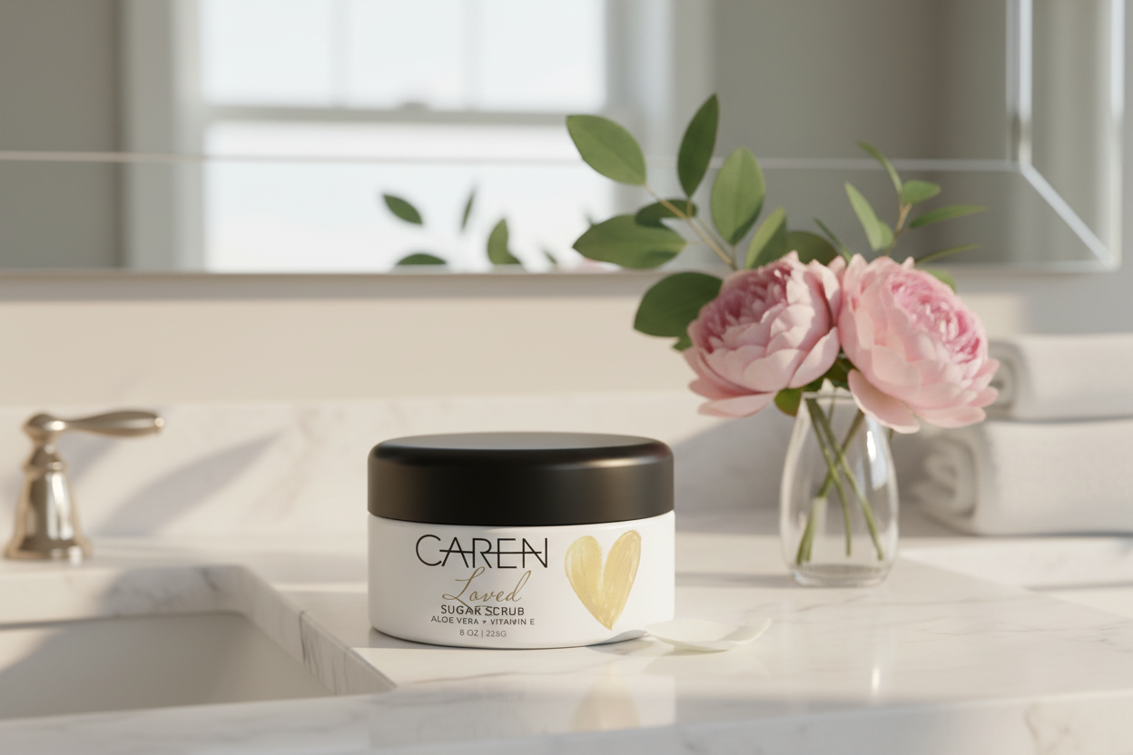 Jar of Caren Loved Sugar Scrub product on a bathroom counter with flowers in the background