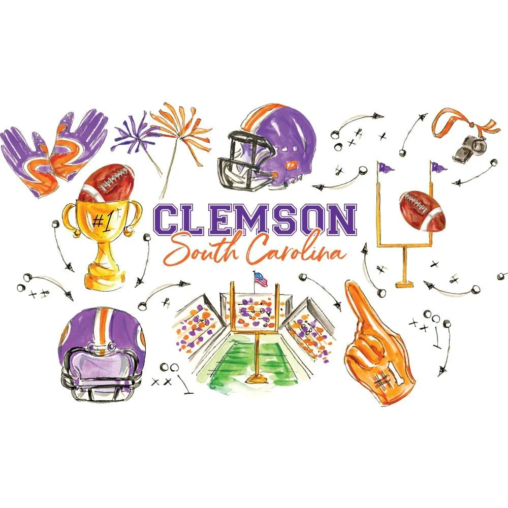 Watercolor-style Clemson South Carolina football graphics on a white background, including helmets, trophies, a football, goal posts, a pom-pom, arrows, and a large orange finger pointing upward.