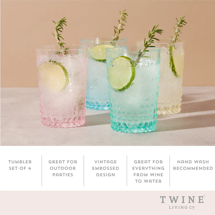 4 colorful acrylic tumblers on tan background with details written