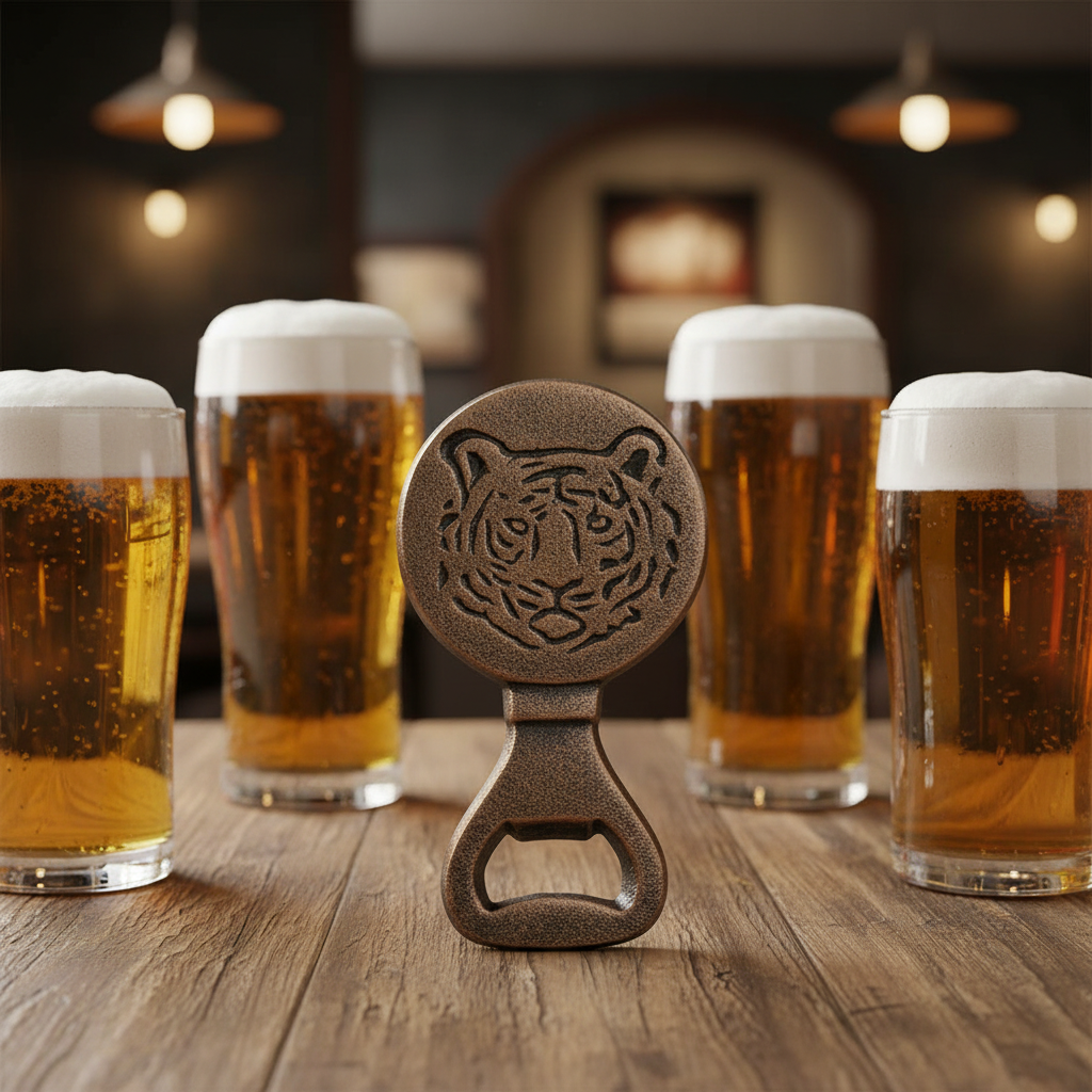 The Royal Standard Brand Bottle opener with tiger design in front of four glasses of beer on a wooden table.