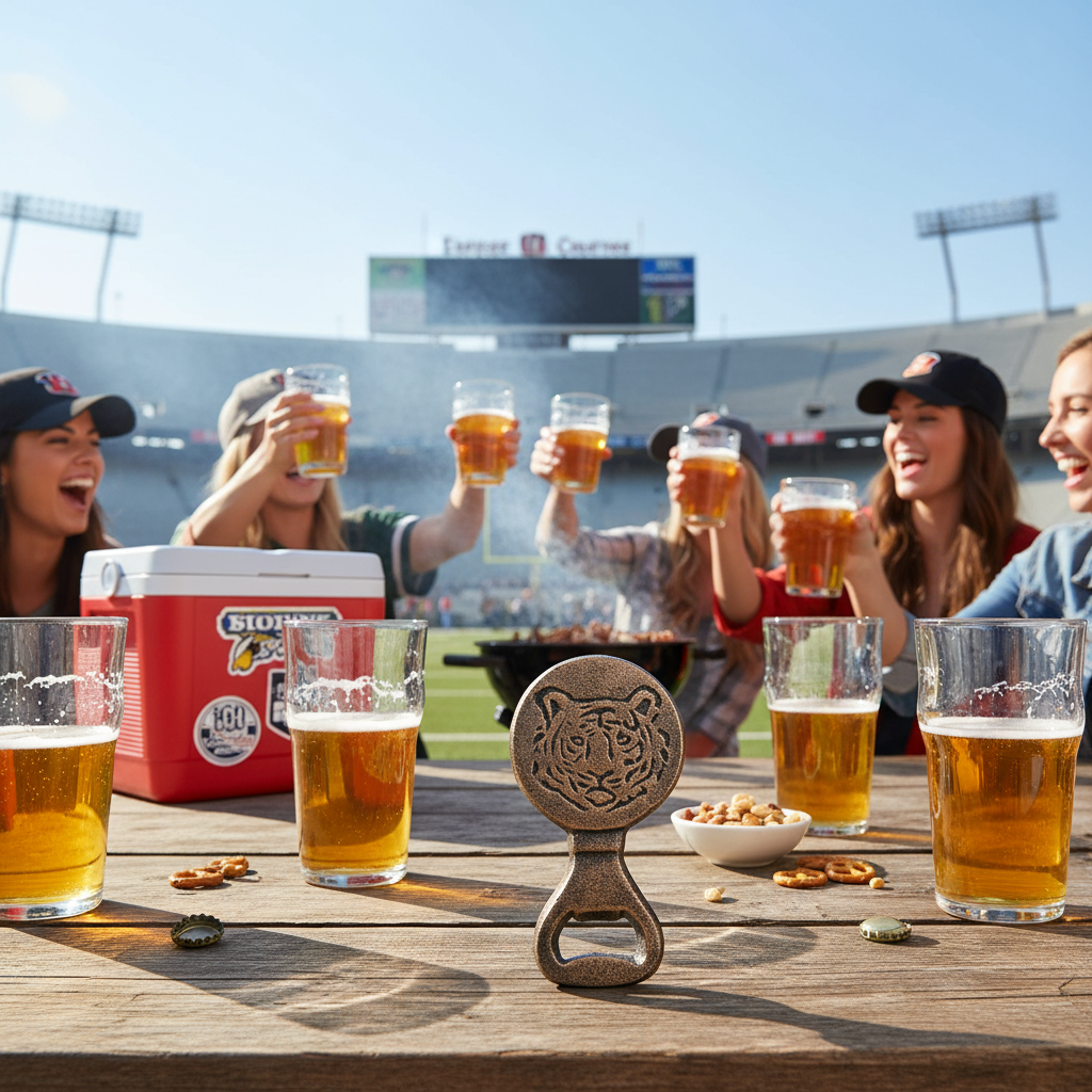 The Royal Standard Tiger Bottle opener at a Gameday Tailgate party with  people at a sports event enjoying beer and snacks.