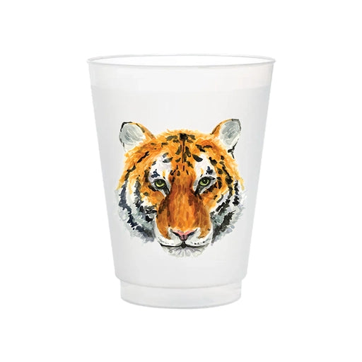 White frosted cup with a tiger face design on a white background