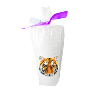  set of frosted cups with tiger face wrapped in a clear bag with purple ribbon on white background