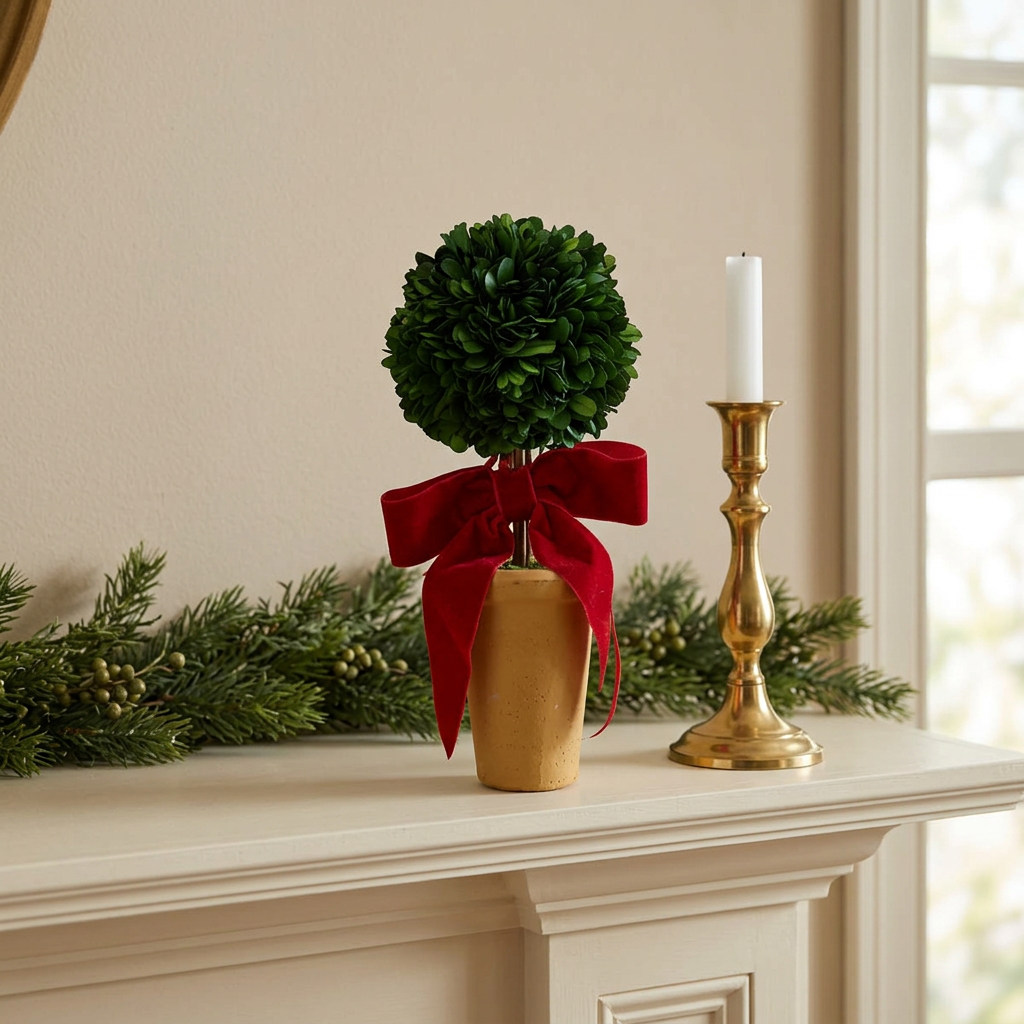Topiary on a Christmas mantel