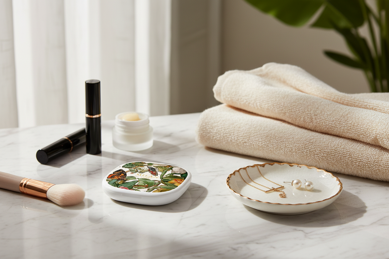 Toss Designs Butterfly Floral Milan LED compact mirror on a marble vanity beside makeup, jewelry, and folded towels