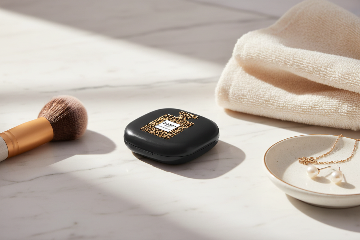 Toss Designs Leopard Parfum LED compact mirror on a marble vanity beside a makeup brush, jewelry dish, and folded towel