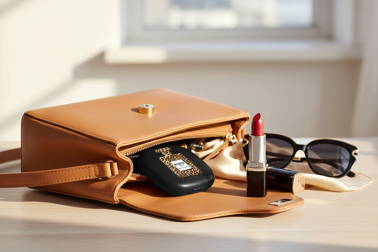 Toss Designs Leopard Parfum LED compact mirror tucked into a tan handbag beside lipstick and sunglasses