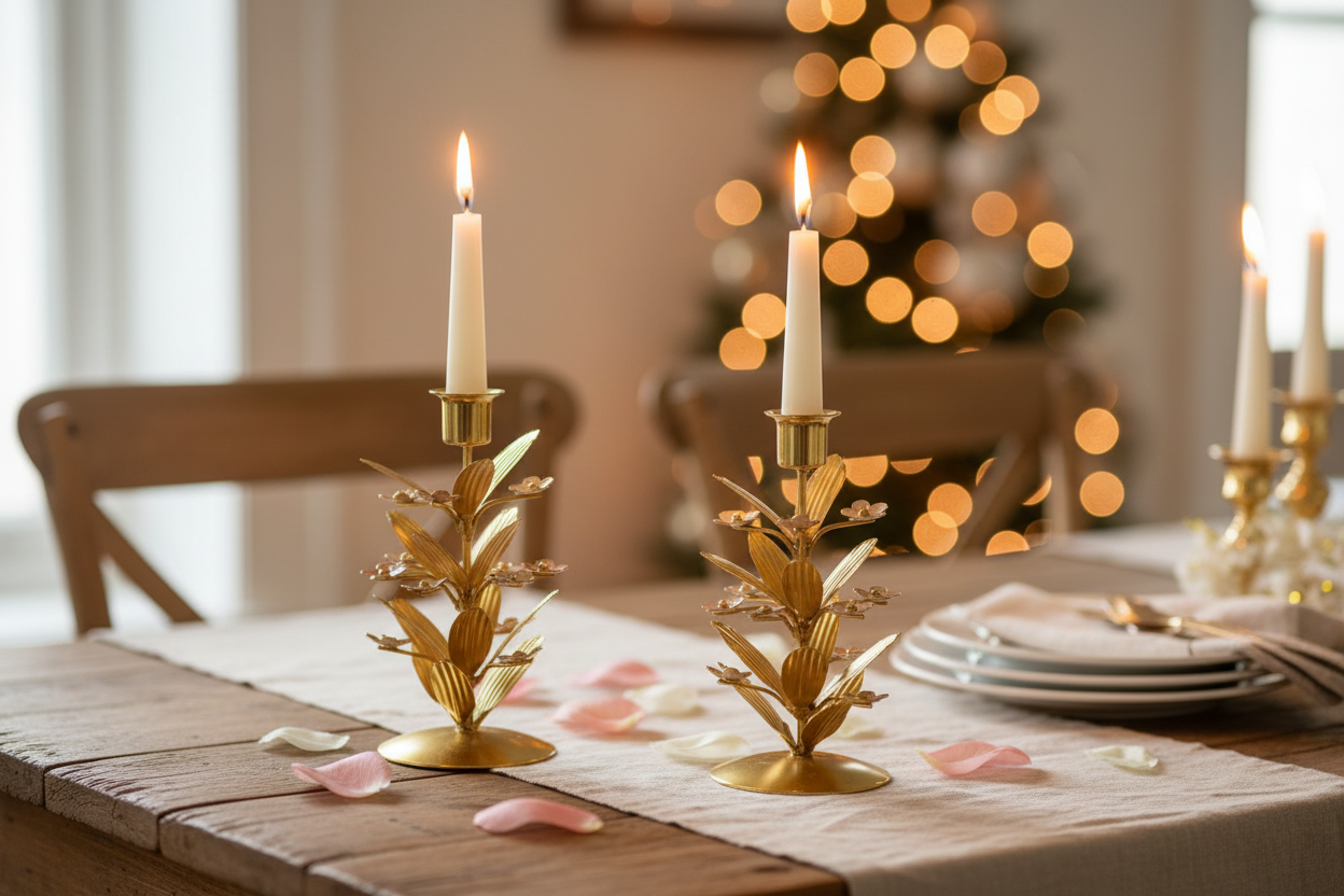 Tri-Flower Candle Holder in gold that has a white taper burning. sitting on a wood table with white runner and pink rose petals  Lifestyle
