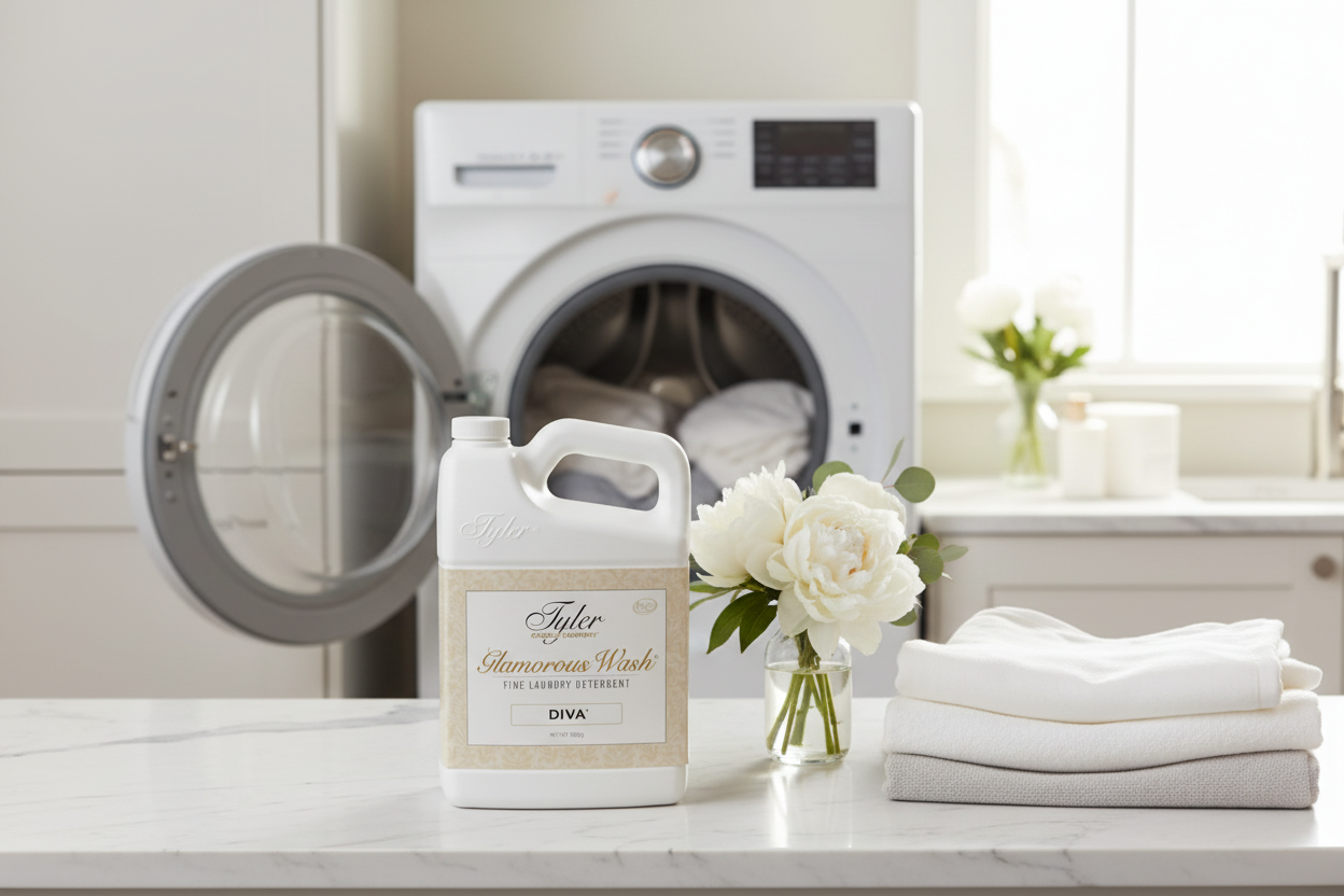 Tyler Candle Co. Diva Glamorous Wash on a marble  counter with washer in background and roses ina vase and towels stacked
Lifestyle