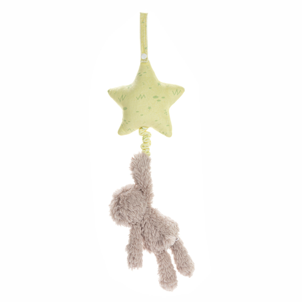 Star-shaped plush toy with a soft animal figure hanging from it on a white background