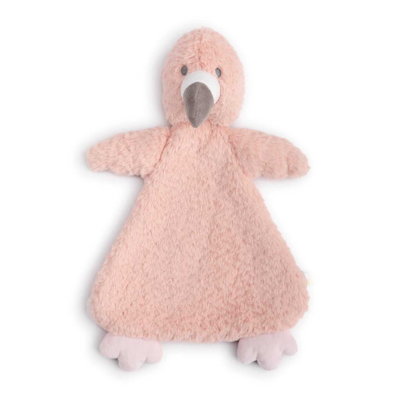 Pink plush toy with a neutral face on a white background