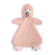 Pink plush toy with a neutral face on a white background