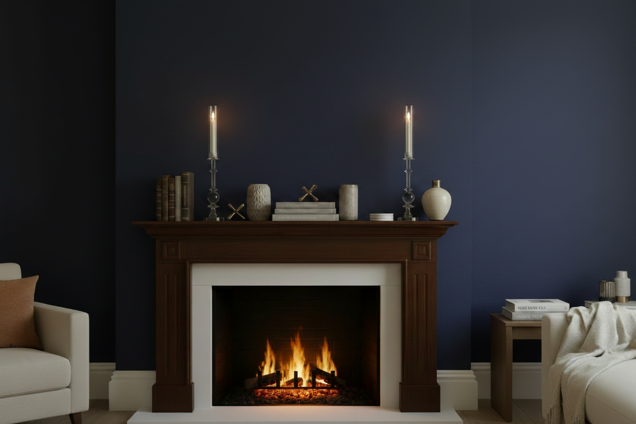 29" Glass Valentina Crystal Candle Holders shown on a wood mantel in a Dark Navy Room