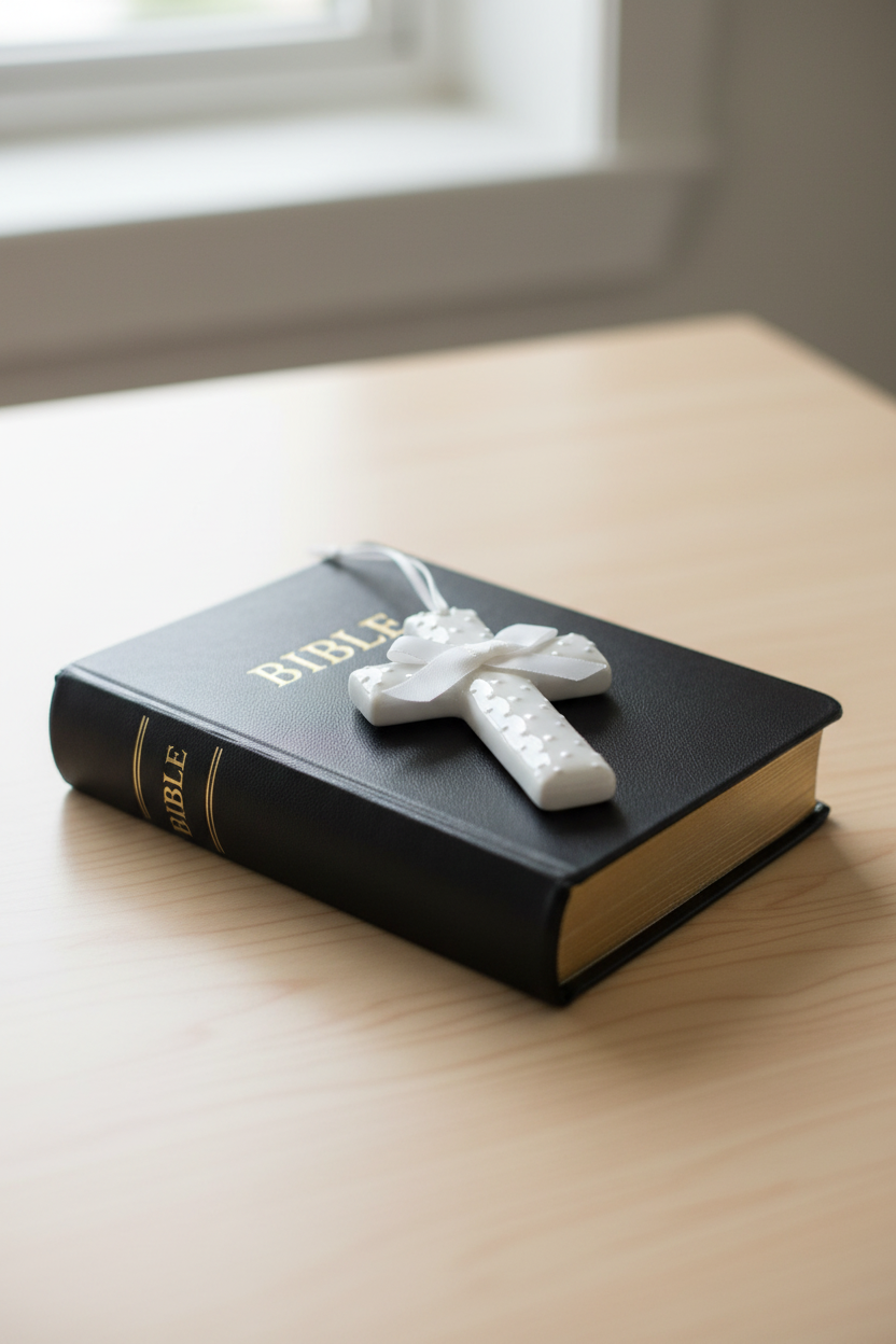 Mudpie Brand White cross with dots and a white bow on a Black Bible sitting on a wooden table