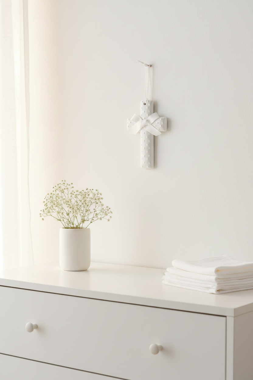 Mudpie brand White Dot Ceramic Cross hanging on a white wall over a small dresser with flowers.- Nursery Lifestyle