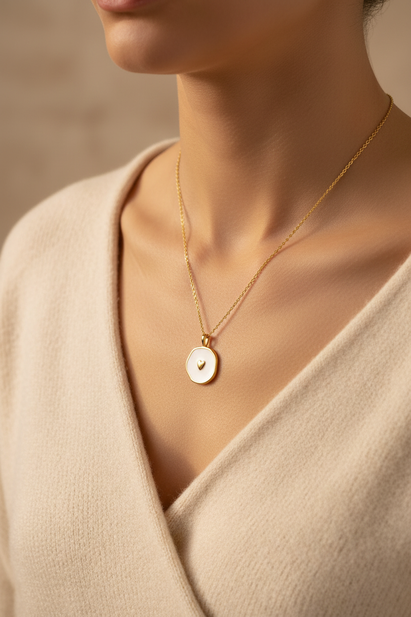 White Enamel Heart Pendant Necklace - Worn Shot