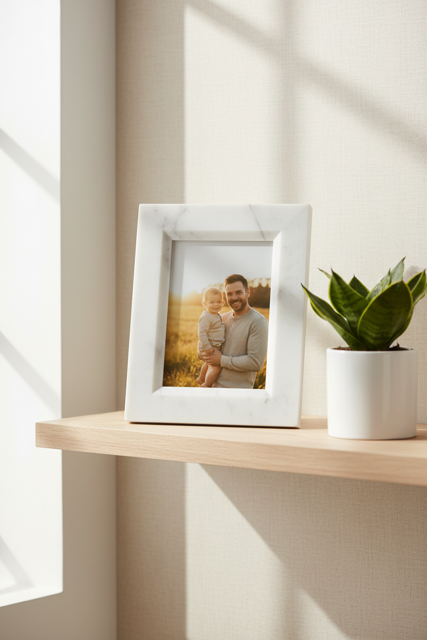 8 Oak Lane White Marble Frame - Shelf Lifestyle