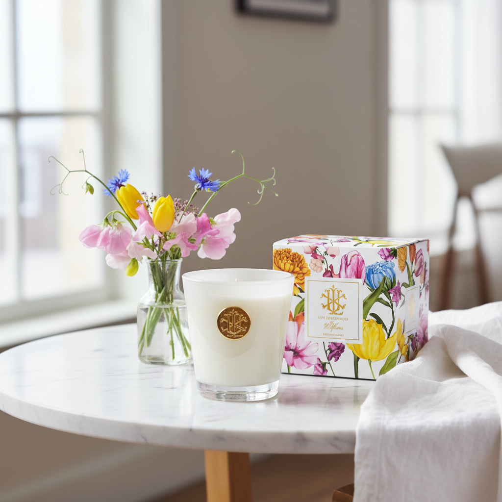 Wildflower 8 oz Designer Box Candle Lux Wildflower Candle – Lifestyle