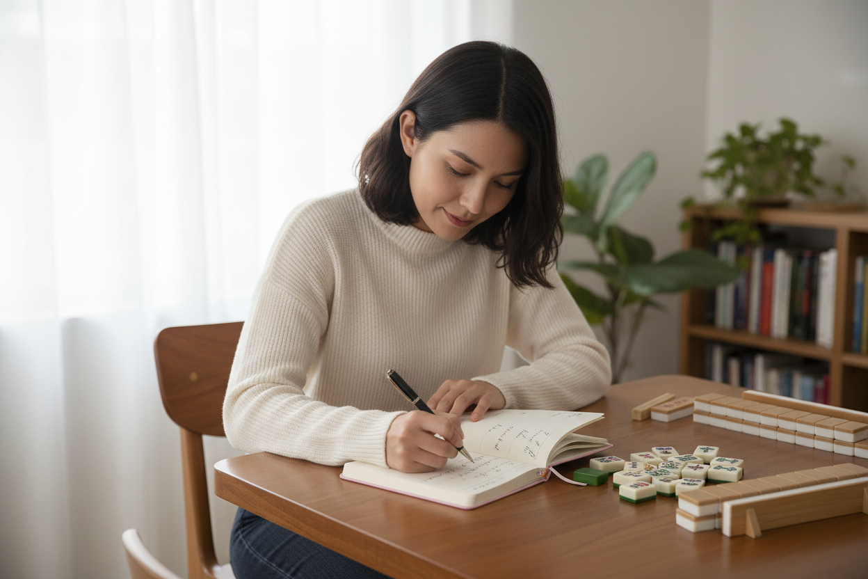 Woman using Toss Designs Brand pink mahjong journal