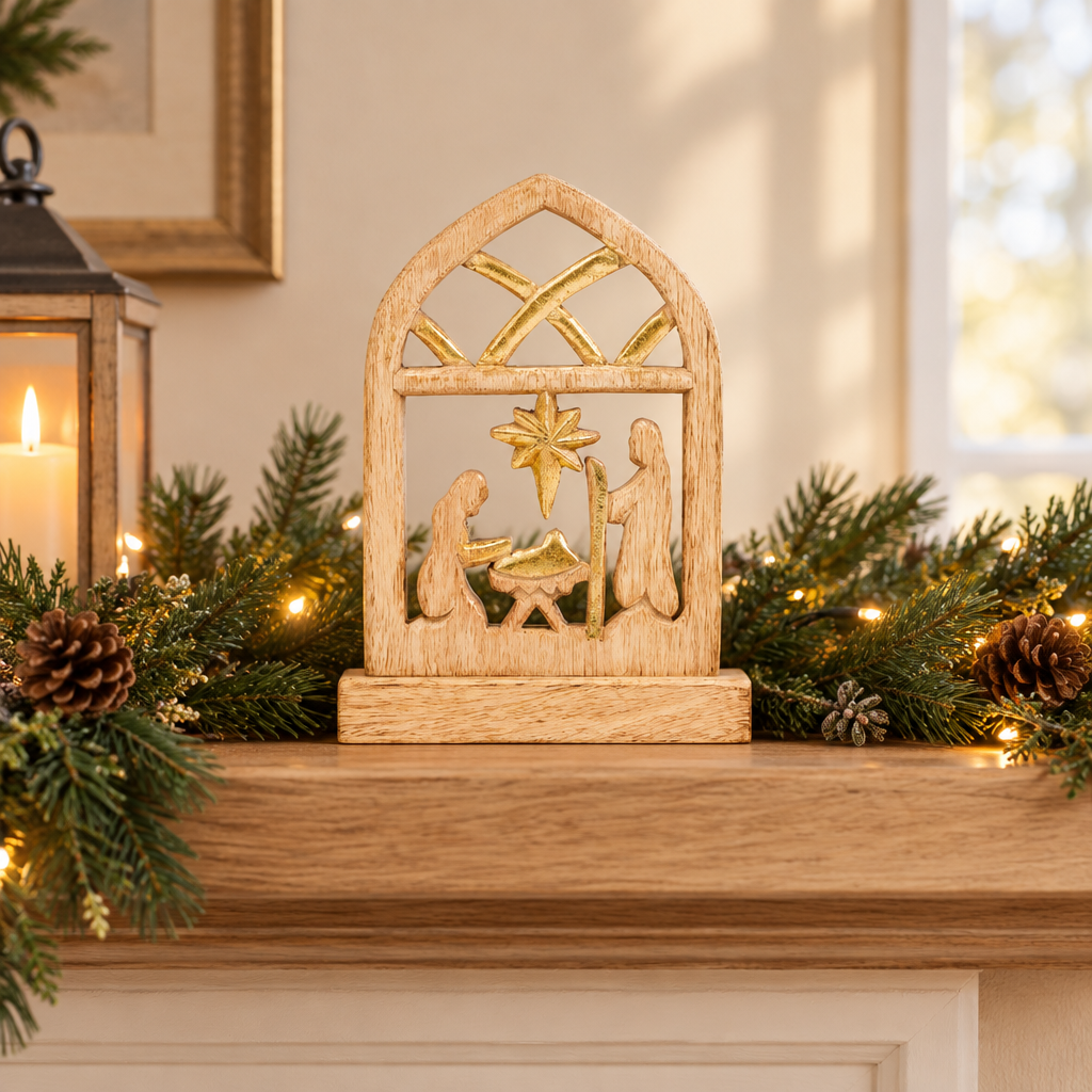 Wood nativity on a Christmas mantel