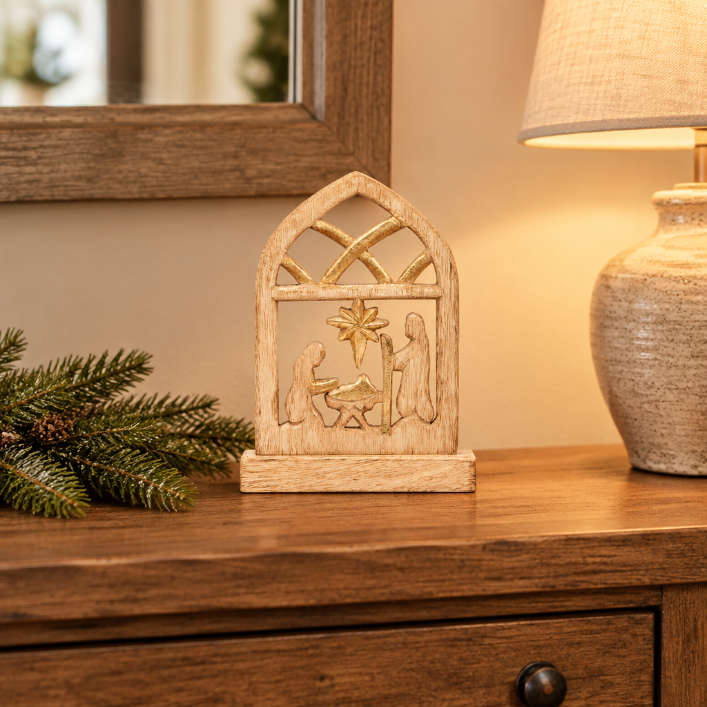 Wood nativity on a holiday console