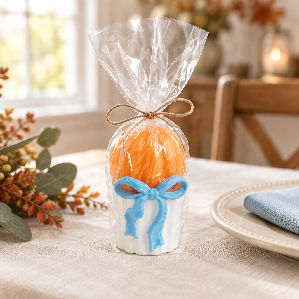Wrapped pumpkin candle styled as a Thanksgiving gift
