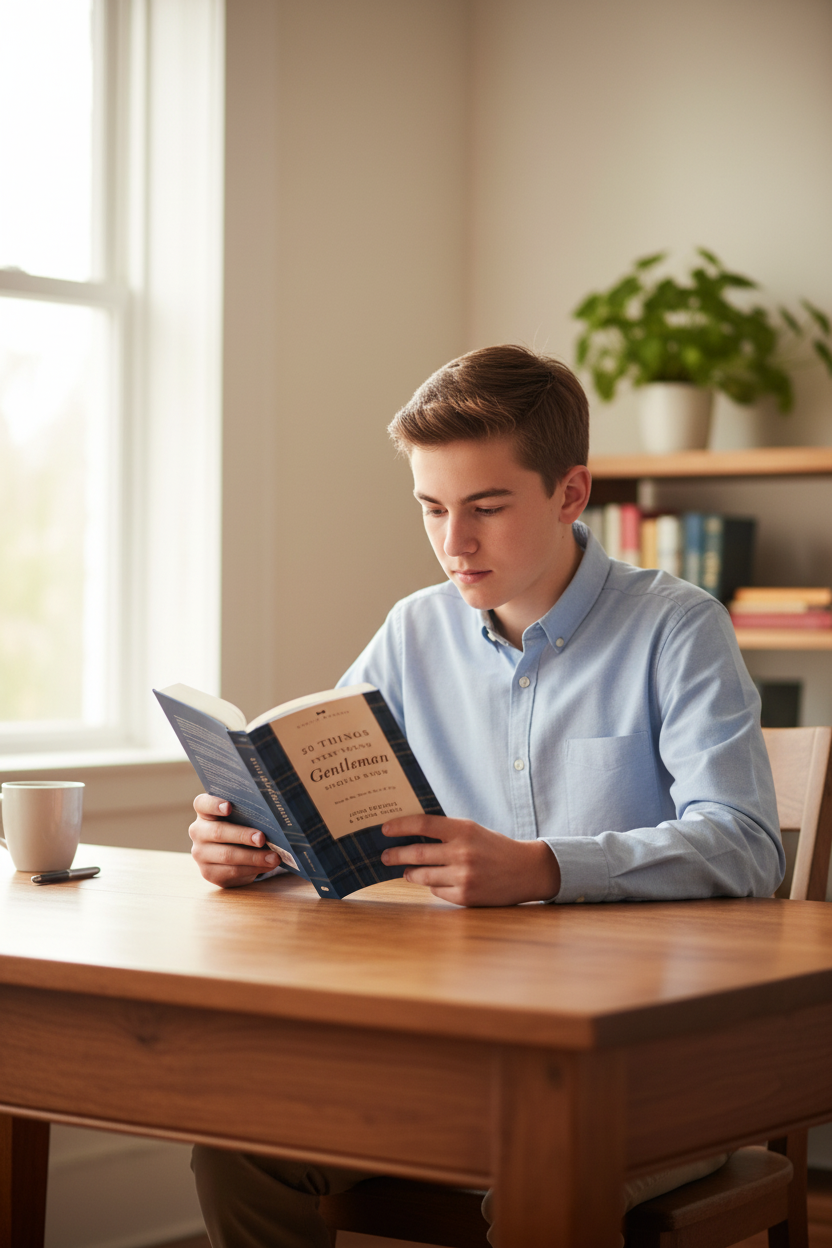 Young boy reading 50 Things Every Young Gentleman Should Know