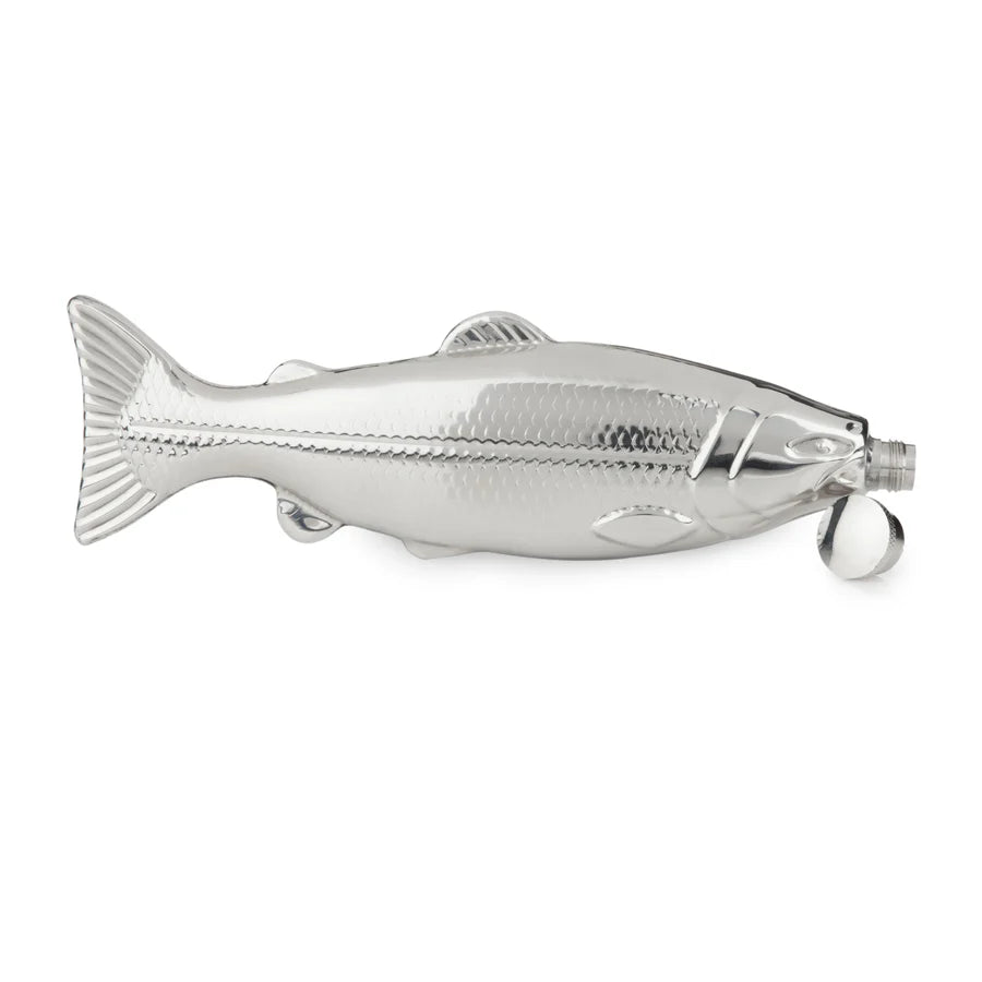Stainless steel fish flask on white background