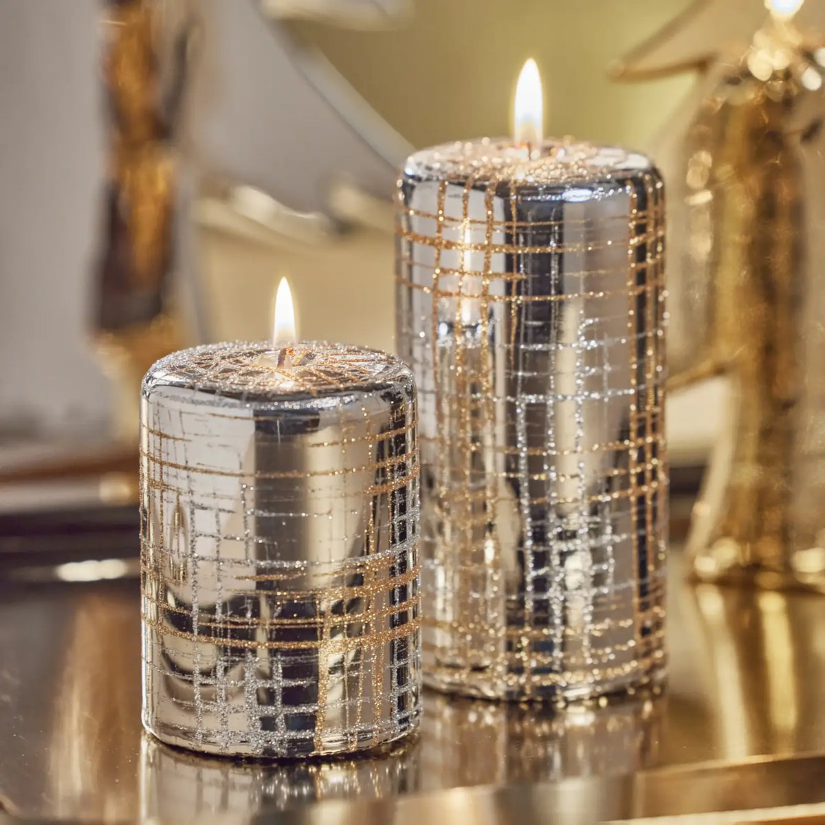 Silver Metallic Pillar Candle with Gold & Silver Glitter - 6 Inch