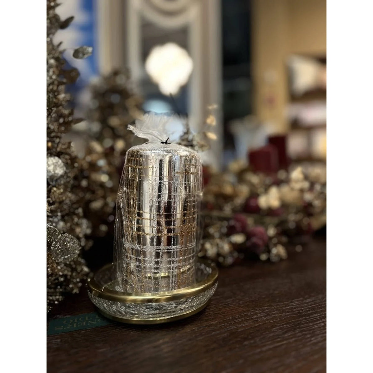 Silver Metallic Pillar Candle with Gold & Silver Glitter - 6 Inch