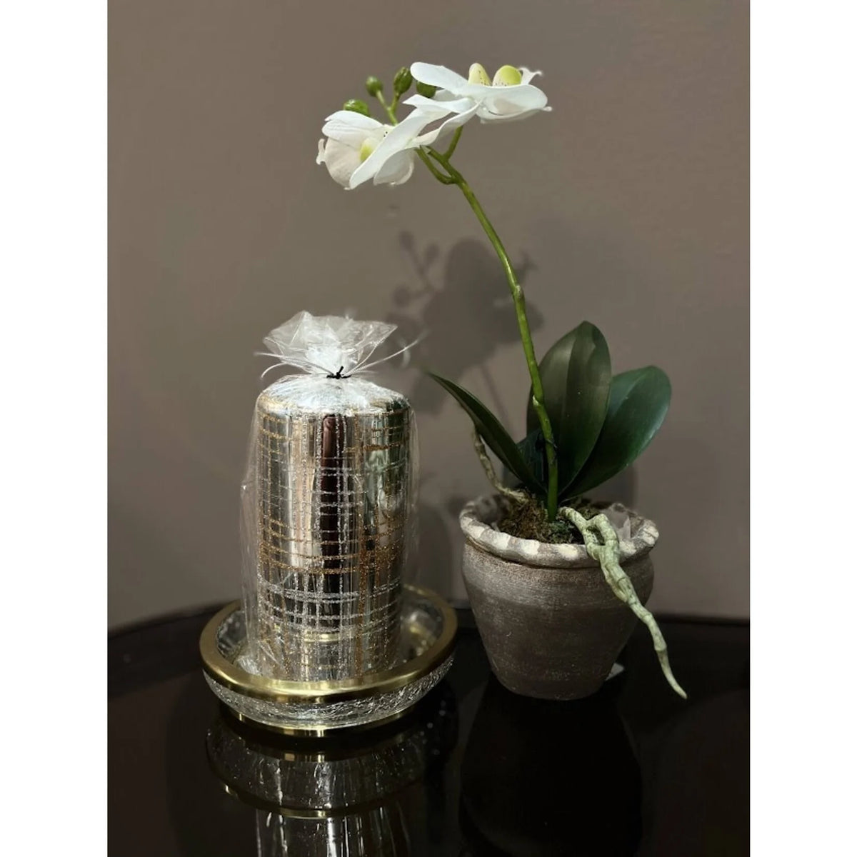 Silver Metallic Pillar Candle with Gold & Silver Glitter - 6 Inch